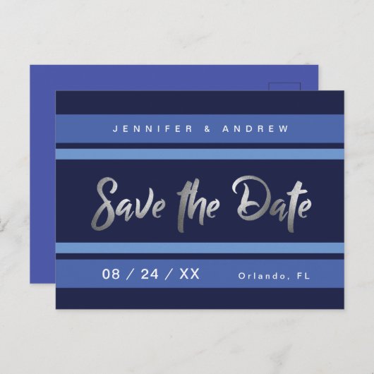 青モダンストライプ色の銀色の効果日付の保存 ポストカード (正面/裏面)