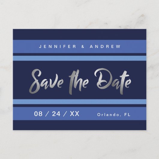 青モダンストライプ色の銀色の効果日付の保存 ポストカード (正面)