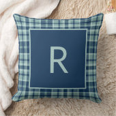 青モダンセージ緑の格子模様モノグラム クッション (ブランケット)