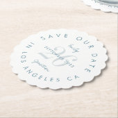 青モダンタイポグラフィ日付の保存 ペーパーコースター (アングル)