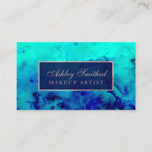 青モダンターコイズ水色バラ金ゴールド化粧 名刺 (正面)