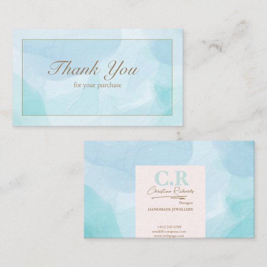 青モダンティール（緑がかった色）水彩ありがとう 名刺 (正面/裏面)