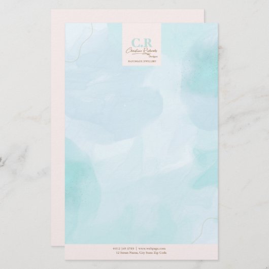 青モダンティール(緑がかった色)水色 便箋 (正面/裏面)