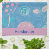 青モダンピンクと紫のフローラチューリップ キッチンタオル (折り畳み)