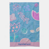 青モダンピンクと紫のフローラチューリップ キッチンタオル (縦)