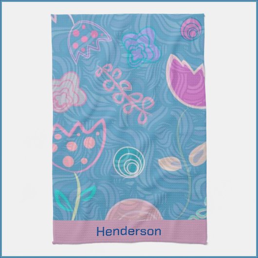 青モダンピンクと紫のフローラチューリップ キッチンタオル