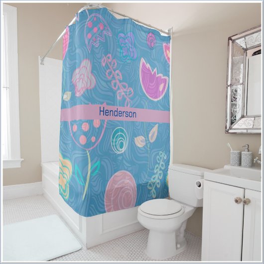 青モダンピンクと紫のフローラチューリップ シャワーカーテン