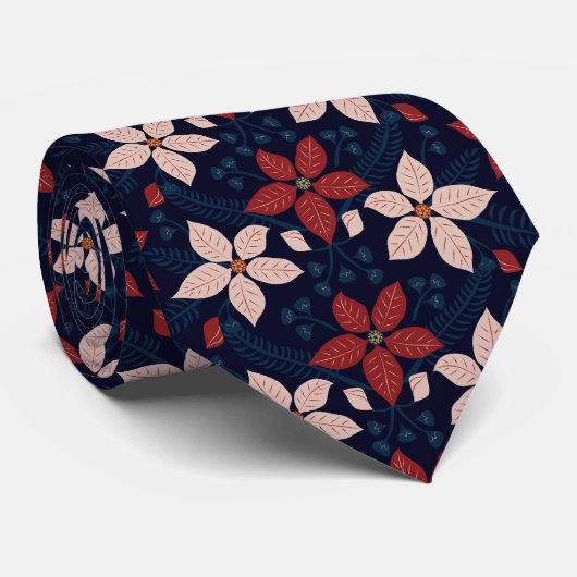 青モダンピンクと赤の花柄 ネクタイ (ロール)