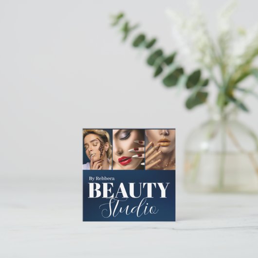 青モダンファッションスタイリスト署名3写真 スクエア名刺 (スタンド正面)