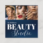 青モダンファッションスタイリスト署名3写真 スクエア名刺 (正面)