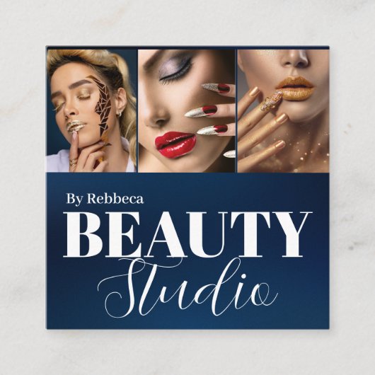 青モダンファッションスタイリスト署名3写真 スクエア名刺 (正面)