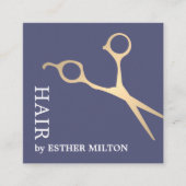 青モダンフェイクエレガント金ゴールドはさみ美容師 スクエア名刺 (正面)