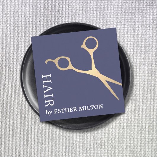 青モダンフェイクエレガント金ゴールドはさみ美容師 スクエア名刺