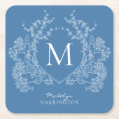 青モダンフランスのフローラクレストモノグラム スクエアペーパーコースター (正面)