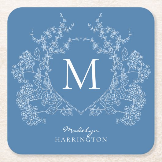 青モダンフランスのフローラクレストモノグラム スクエアペーパーコースター (正面)