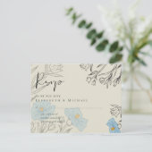 青モダンフローラ抽象芸術結婚式RSVP ポストカード (スタンド正面)