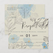 青モダンフローラ抽象芸術結婚式RSVP ポストカード (正面/裏面)