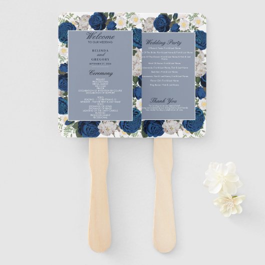 青モダンフローラ水彩結婚式 プログラム ハンドファン (正面&裏面)