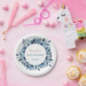 青モダンフローラ水彩赤ちゃんシャワー ペーパープレート (パーティー)