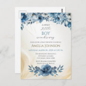 青モダンフローラ水彩赤ちゃんシャワー ポストカード (正面/裏面)