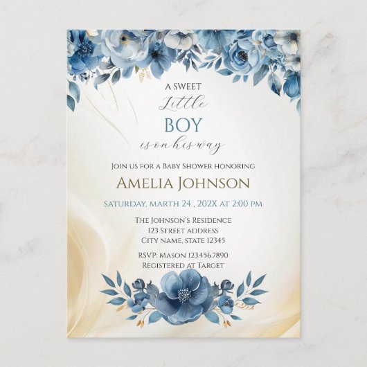 青モダンフローラ水彩赤ちゃんシャワー ポストカード (正面)