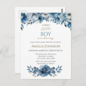 青モダンフローラ水彩赤ちゃんシャワー ポストカード (正面/裏面)