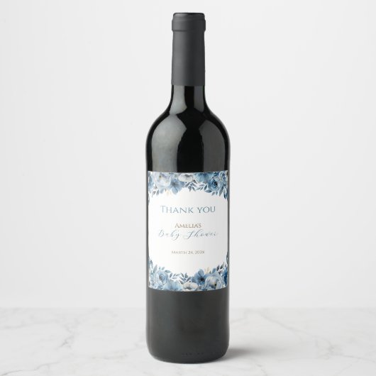 青モダンフローラ水彩赤ちゃんシャワー ワインラベル (正面)