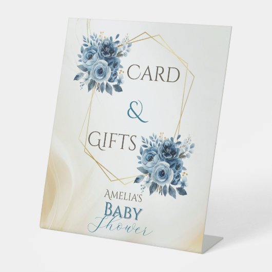 青モダンフローラ水彩赤ちゃんシャワー 台座サイン (正面)