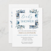 青モダンフローラ水彩赤ちゃんシャワー 招待状 (正面/裏面)