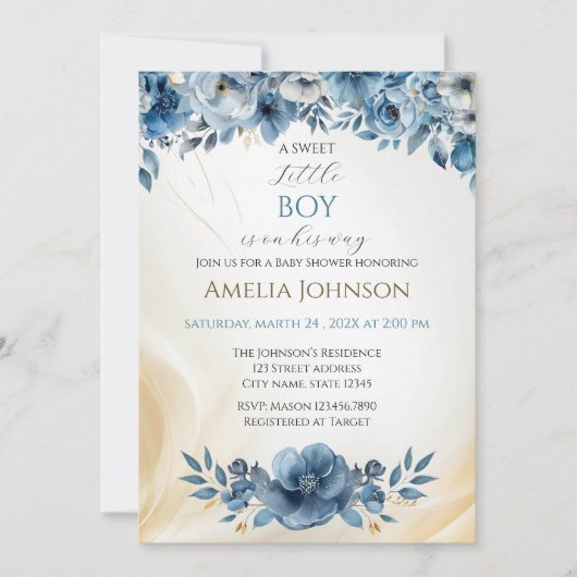 青モダンフローラ水彩赤ちゃんシャワー 招待状 (正面)