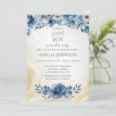 青モダンフローラ水彩赤ちゃんシャワー 招待状 (スタンド正面)