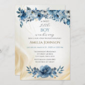 青モダンフローラ水彩赤ちゃんシャワー 招待状 (正面/裏面)