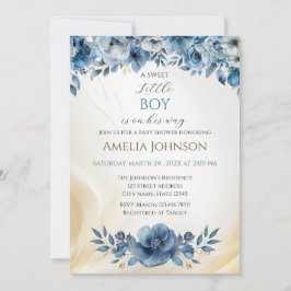 青モダンフローラ水彩赤ちゃんシャワー 招待状
