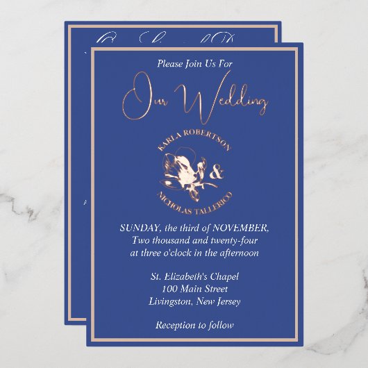 青モダンフローラ結婚バラ金ゴールド 箔招待状 (正面/裏面)