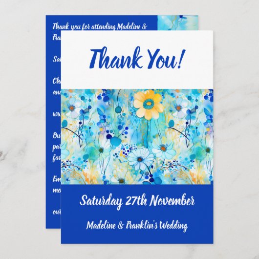 青モダンフローラ結婚プリントおもしろい サンキューカード (正面/裏面)