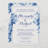 青モダンフローラ花水彩結婚カード 招待状 (正面/裏面)