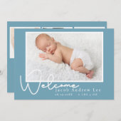 青モダンベビー写真誕生のお知らせ 招待状 (正面/裏面)