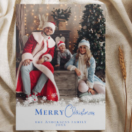 青モダンミニマルのクリスマス写真の雪 シーズンカード