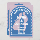 青モダンミニマルレトロ波弧日はっきりした付 セーブザデート (正面/裏面)