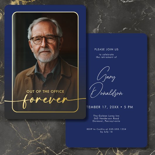 青モダンミニマル写真の退職パーティー 箔招待状