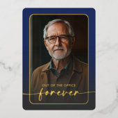 青モダンミニマル写真の退職パーティー 箔招待状 (正面)