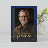 青モダンミニマル写真の退職パーティー 箔招待状 (立ち正面)