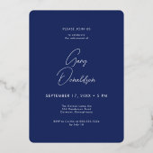 青モダンミニマル写真の退職パーティー 箔招待状 (裏面)