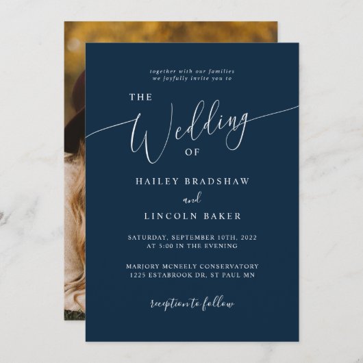 青モダンミニマル写結婚真 招待状 (正面/裏面)