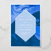 青モダンミニマル波抽象芸術結婚の銀 箔招待状 (正面)