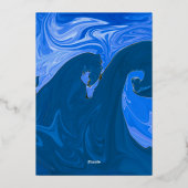 青モダンミニマル波抽象芸術結婚の銀 箔招待状 (裏面)