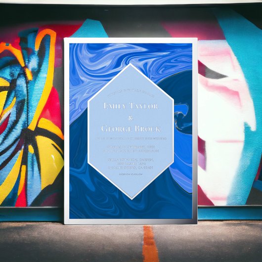 青モダンミニマル波抽象芸術結婚の銀 箔招待状