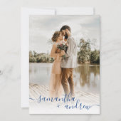 青モダンミニマル脚本5枚結婚写真 招待状 (正面)