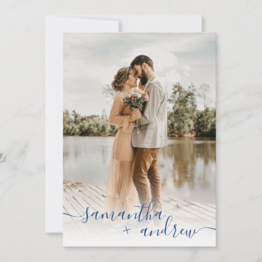 青モダンミニマル脚本5枚結婚写真 招待状 (正面)