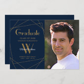 青モダン写真モノグラム幾何学卒業 案内状 (正面/裏面)